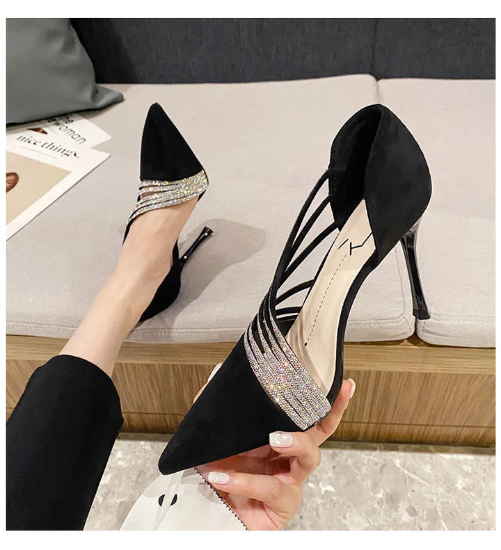 Suede Fabric Pointed Heel Shoes with Sparkling Sequin Design - Alior