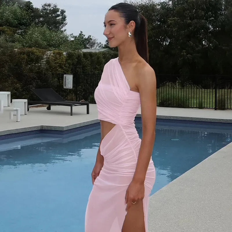 שמלת מקסי שיפון בעיצוב אסימטרי ופתח - שי לין