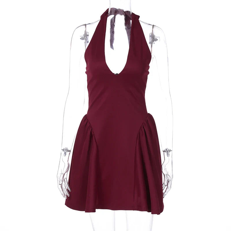 שמלת מיני בגזרת A מחשוף V קשירה בצוואר - יולנדה