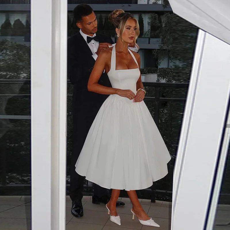 שמלת מידי בגזרת A גב פתוח קשירה בצוואר - Angie