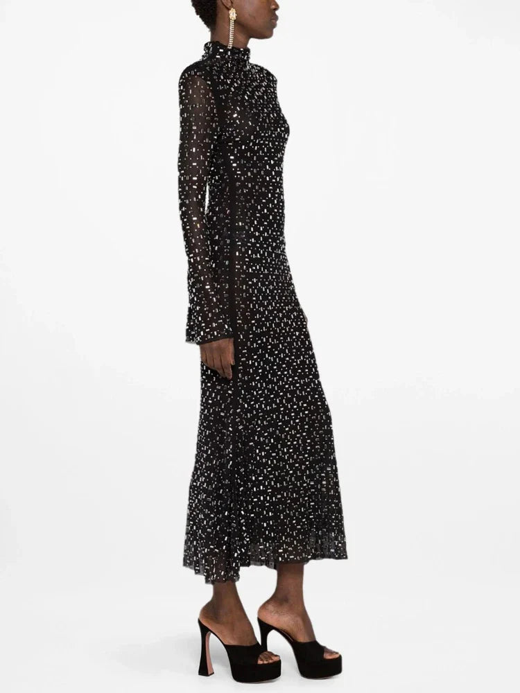 Luxurious maxi evening dress with sparkling diamond embellishment and turtleneck - Emerson
