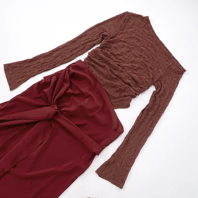 שמלת מקסי בעיצוב שסע ותחרה בעיטור קשירה - WINE