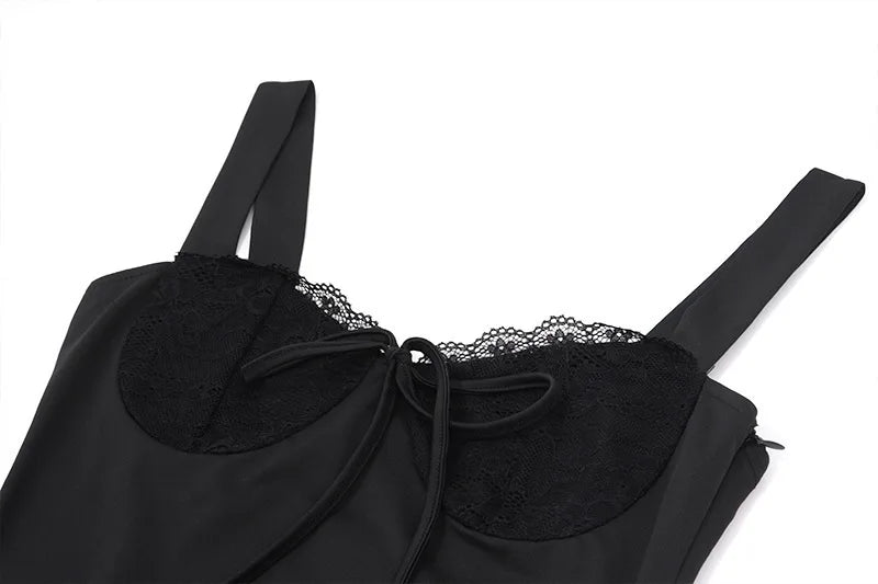 אוברול ארוך בעיטור תחרה בד מחטב גב פתוח  - מיקה