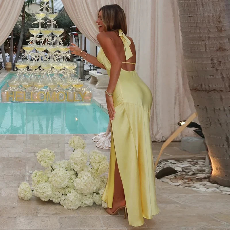 שמלת מקסי קשירה בצוואר גב פתוח בעיצוב שסע בעיטור אבזם - שון