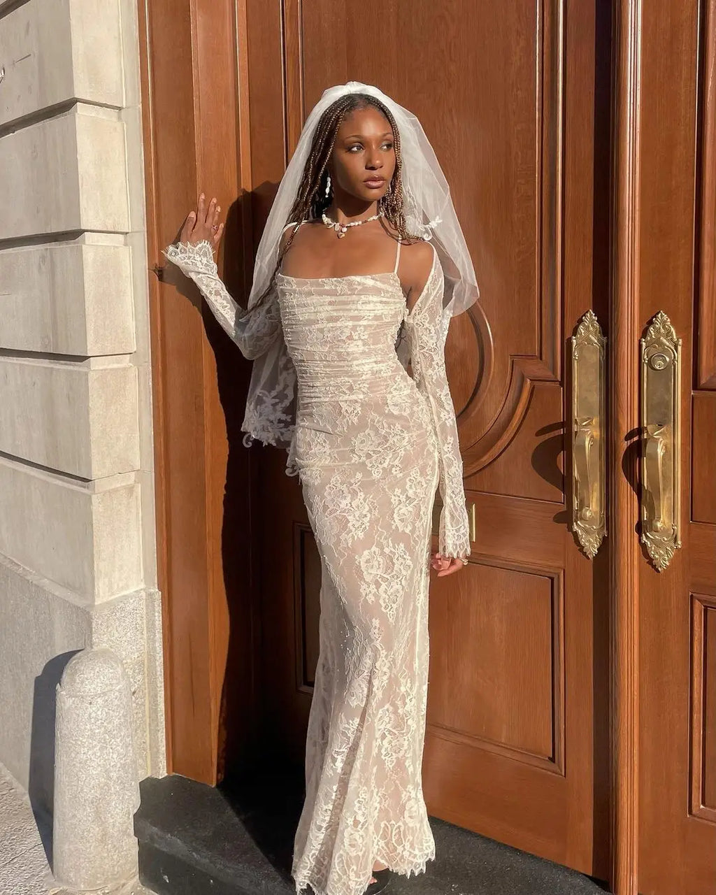 שמלת מקסי אלגנטית תחרה בשילוב עליונית שרוולי תחרה - איליה