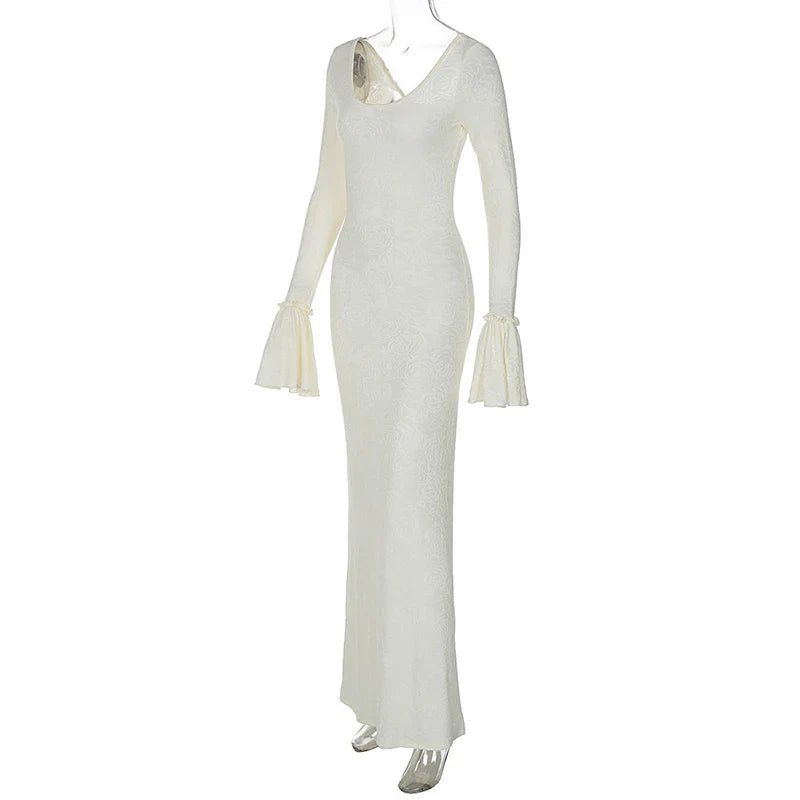 שמלת מקסי בעיטור רקמת פרחים שרוולי פעמון - הלן