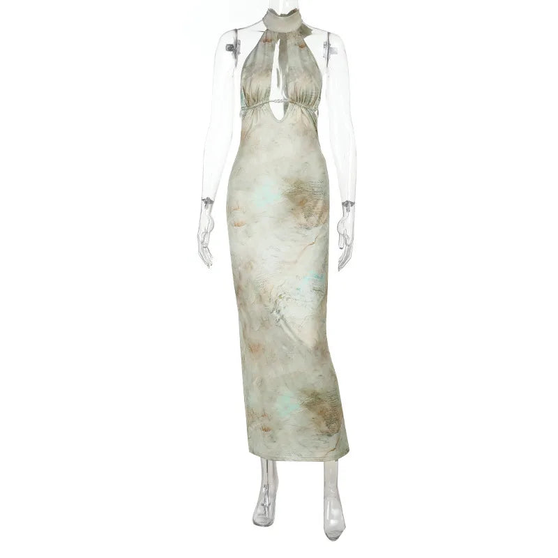 שמלת מקסי קולר בהדפס מיוחד גב פתוח - אורן