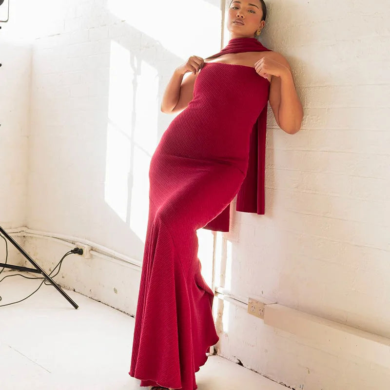 שמלת מקסי סטרפלס כולל צעיף - אלינורה