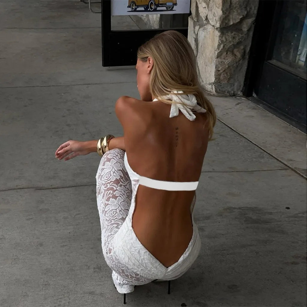 אוברול תחרה מכנסיים ארוכים בעיצוב גב פתוח בעיטור אבזמים - ברייטון