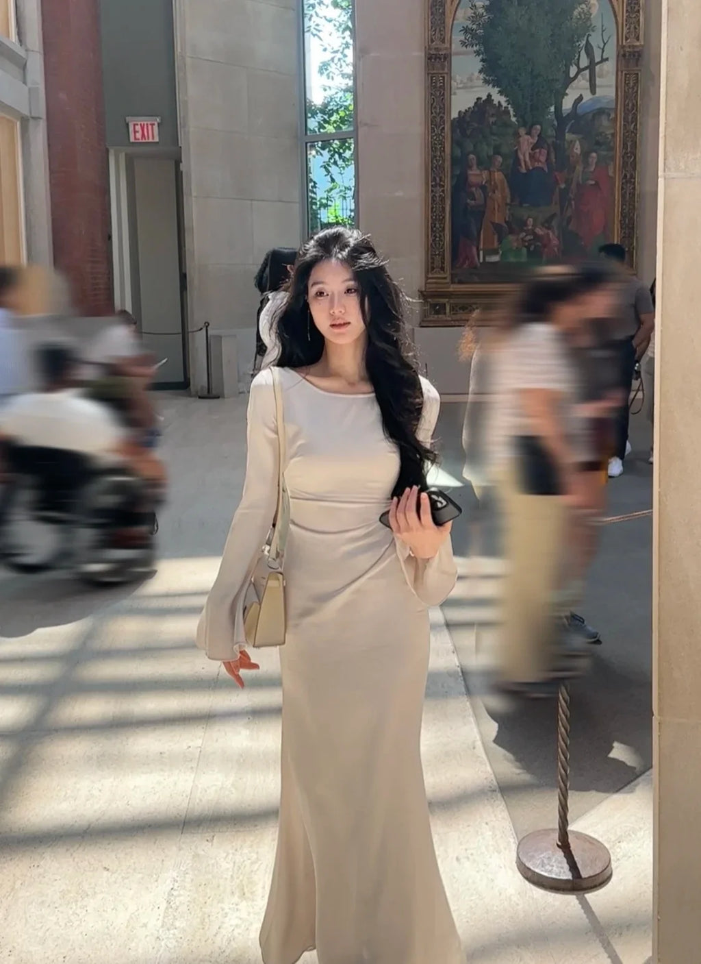 שמלת ערב מקסי סאטן אלגנטית שרוולי פעמון - סהר