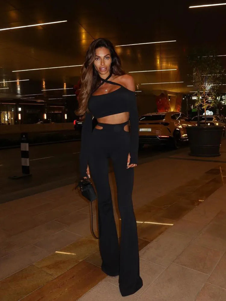 סט שני חלקים בעיצוב פתחים טופ קולר ומכנס פדלפון - סטייס