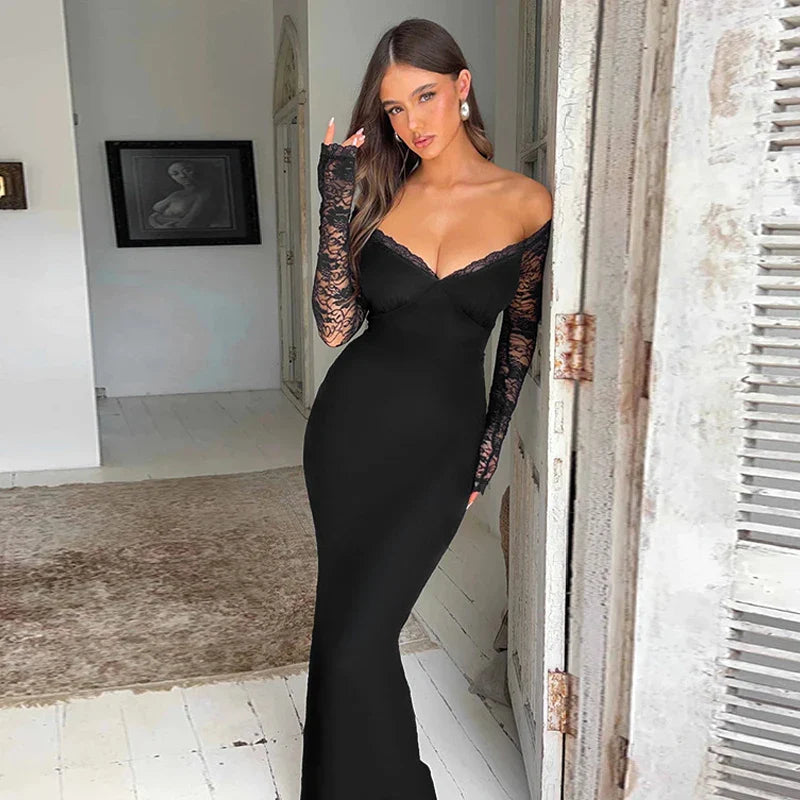 שמלת מקסי בעיטור שרוולי תחרה כתפיים חשופות - ברברה