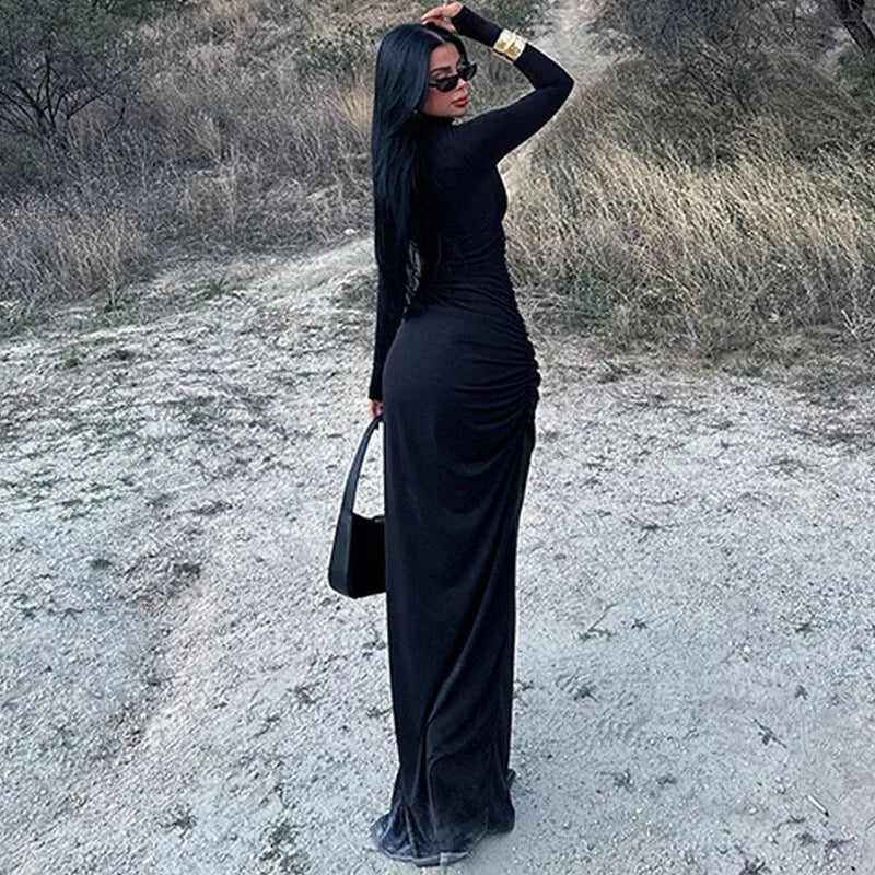 שמלת מקסי כיווצים צווארון גולף בעיצוב שסע עמוק - סאשה