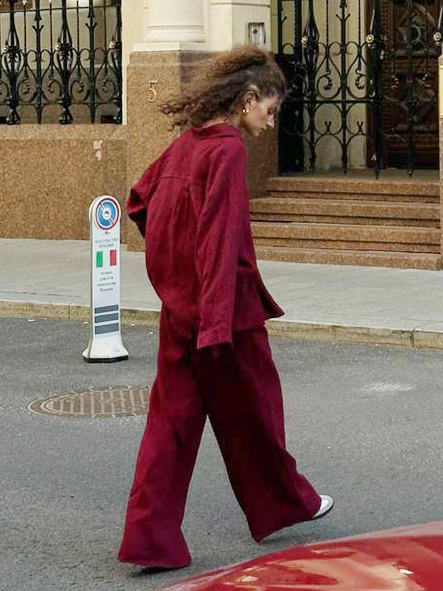 חליפת פשתן 2 חלקים חולצה ומכנסיים ארוכים - צוף