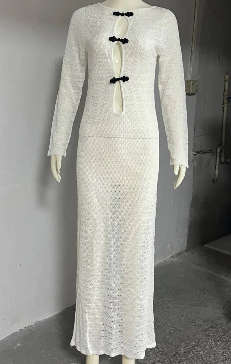 שמלת מקסי חוף סרוגה בעיטור סיכות בעיטור קשירה בגב פתוח - Mikayla