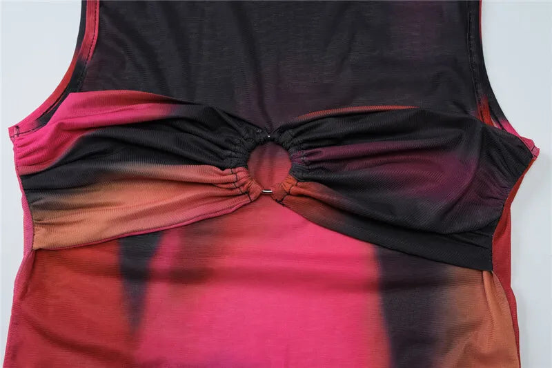 סט שני חלקים בד רשת בעיצוב טאי דאי טופ וחצאית מקסי בעיטור שסע - פלורנס