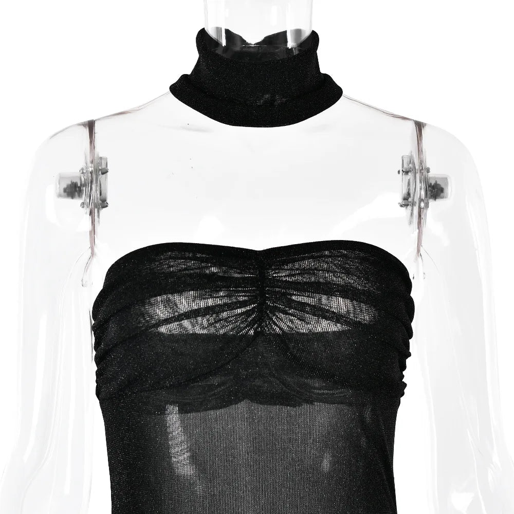 שמלת סטרפלס מקסי רשת נצנצים בעיטור כיווצים - Haisley