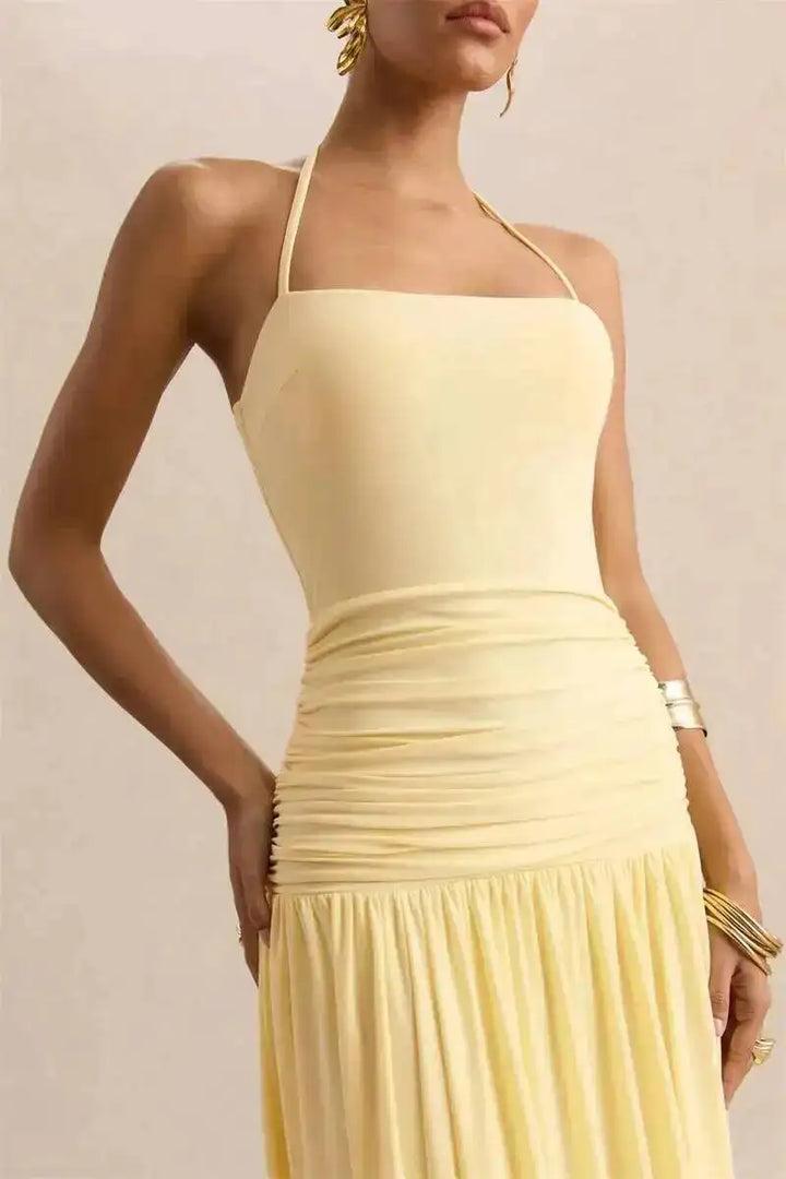 Pleated maxi dress with a neck tie and open back - Tuval