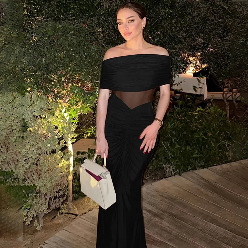 שמלת מקסי כיווצים כתפיים חשופות בעיצוב רשת - רונה