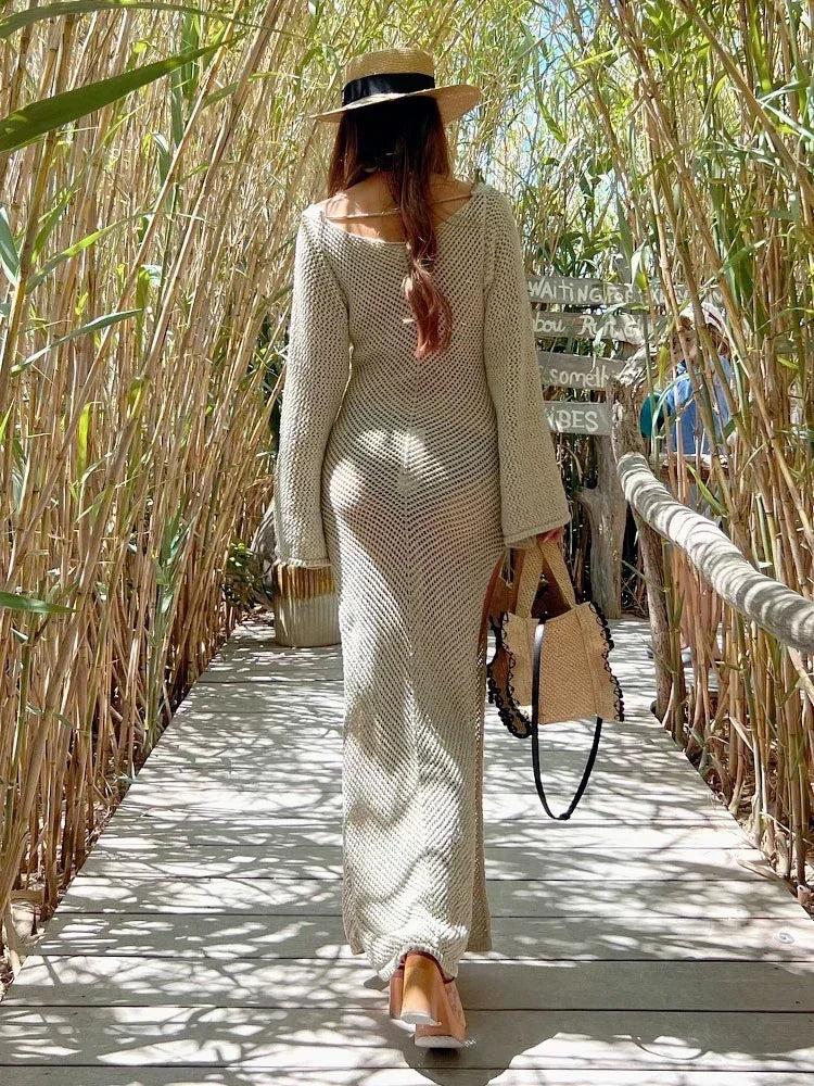 שמלת חוף מקסי רשת בעיצוב פתח ושסע - לי ים