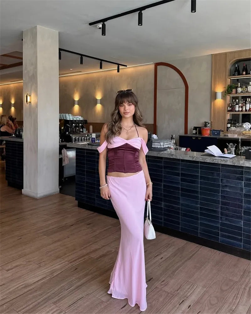 סט שני חלקים חולצה בעיצוב סאטן וחצאית מקסי בעיטור שיפון - מקסימה