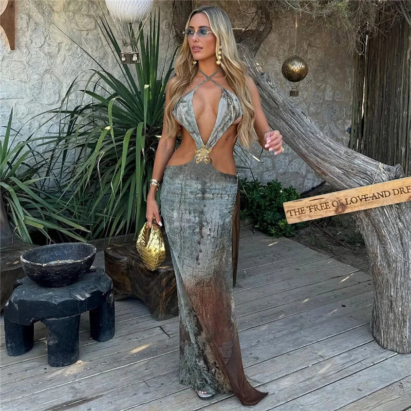 שמלת מקסי בעיצוב הדפס מיוחד בעיטור אבזם פרח - איירס