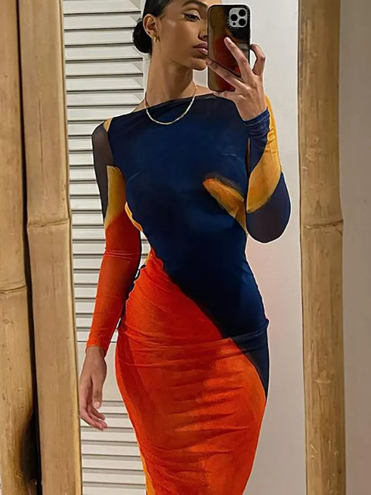 שמלת מקסי צמודה צבעים משולבים - נעמי