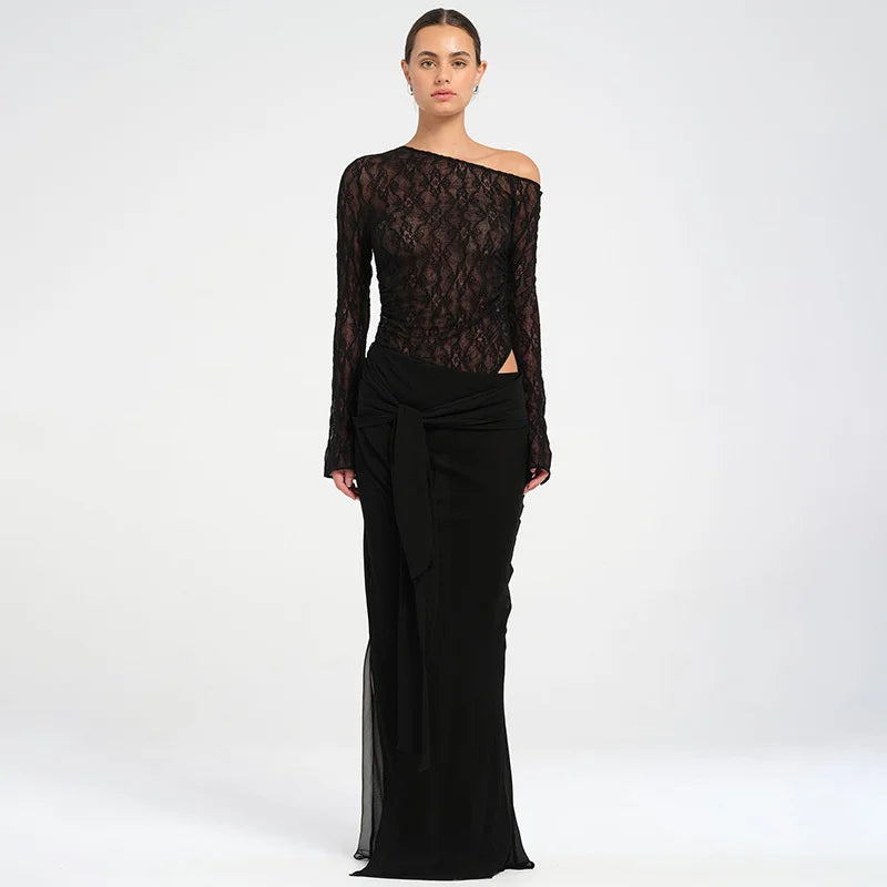 שמלת מקסי בעיצוב שסע ותחרה בעיטור קשירה - WINE