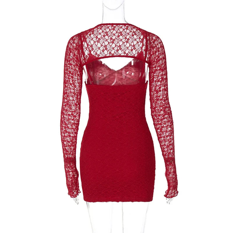 שמלת מיני תחרה בעיטור שרוולון תואם - אלירז