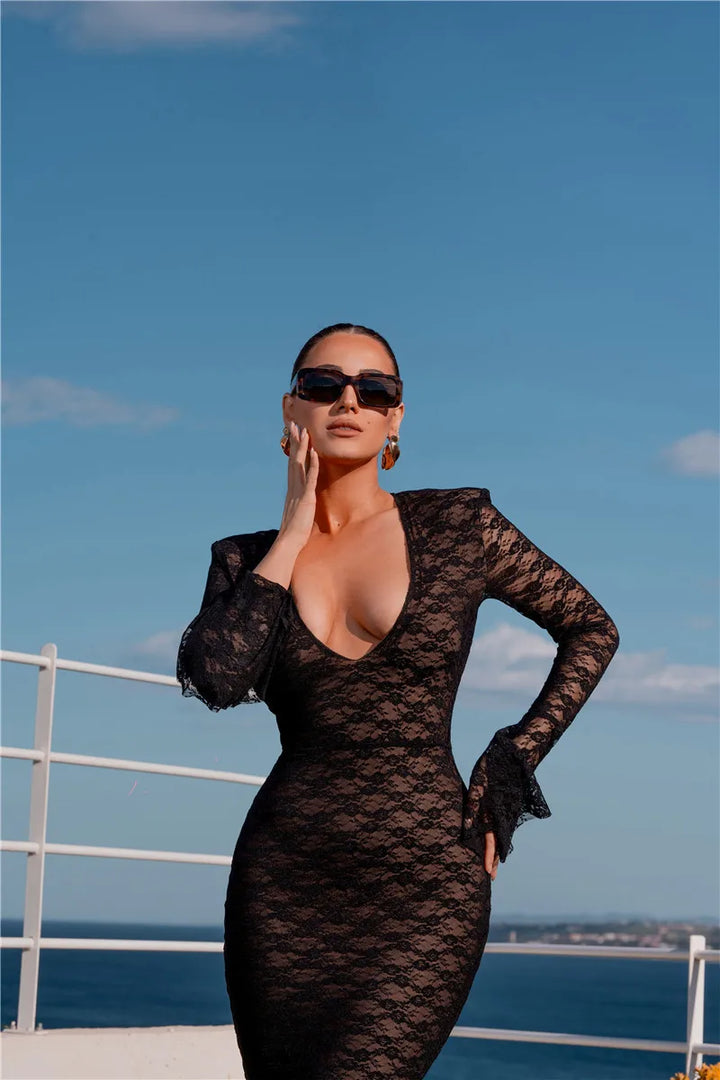 Bell Sleeve Lace Maxi Dress V Neckline - Zohara