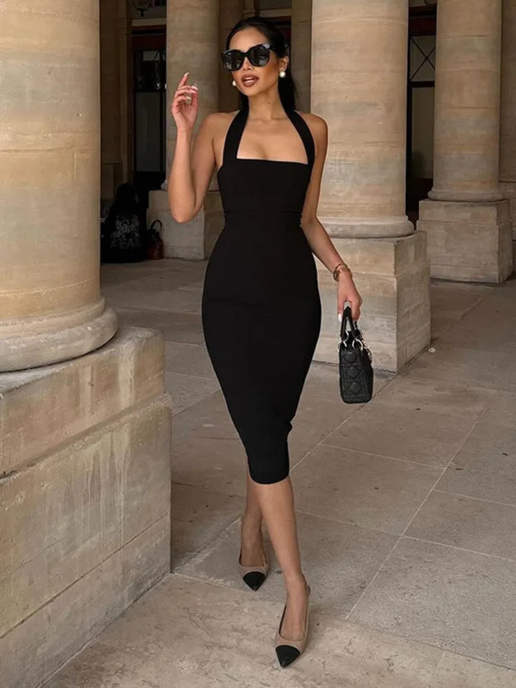 שמלת מידי צמודה בד מחטב גב פתוח - Paislee