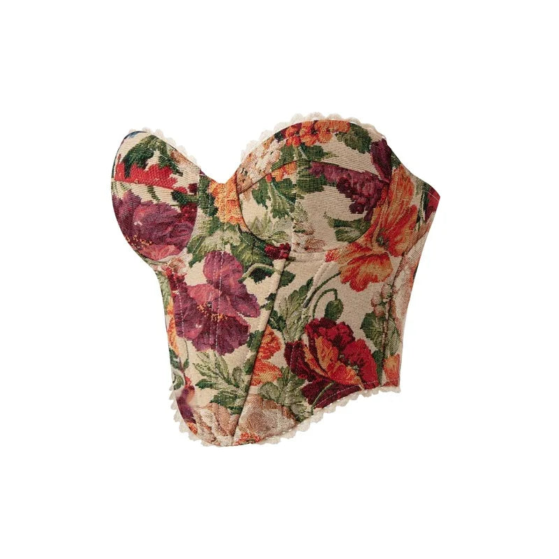 Strapless corset with tie-back in vintage floral design