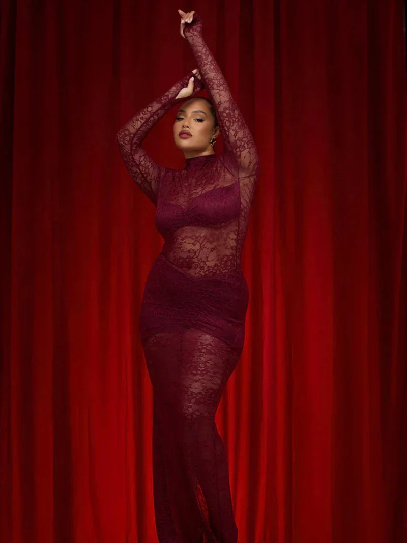 סט שני חלקים תחרה בגד גוף וחצאית מקסי - אנג'ליקה