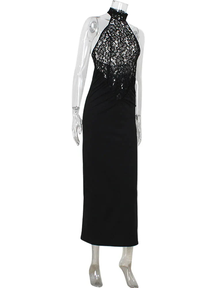 שמלת מקסי מקסי קולר בעיצוב תחרה ללא תחתית גב פתוח - Eliza