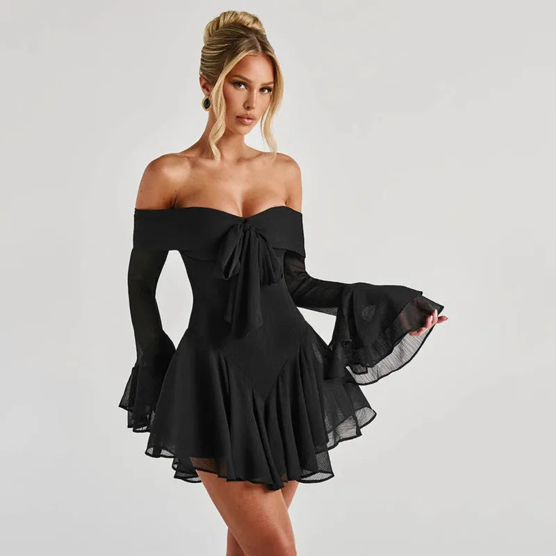 שמלת מיני שיפון בגזרת A כתפיים חשופות - Lilyana