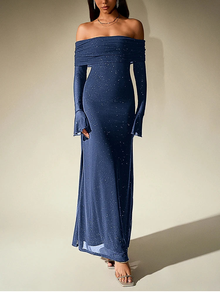 שמלת מקסי נצנצים בעיצוב כתפיים חשופות שרוולי פעמון - מרגריטה