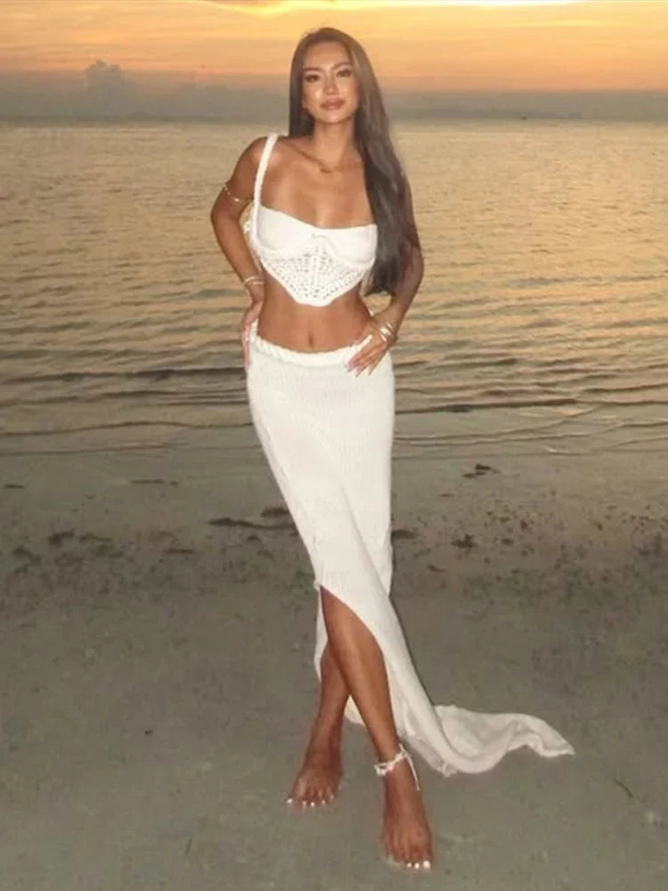 סט חוף סרוג שני חלקים טופ וחצאית מקסי - Aqua