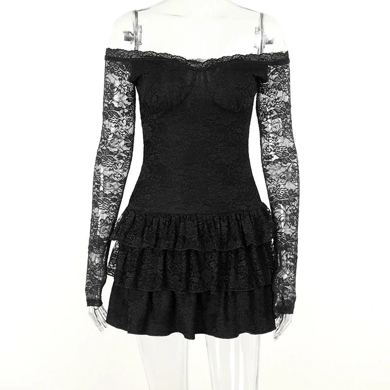 שמלת מיני תחרה מלמלה כתפיים חשופות - Shay