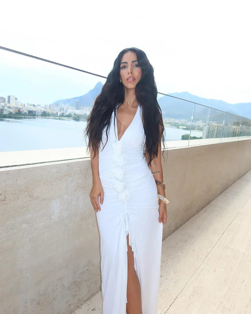 שמלת מקסי כיווצים בעיטור אפליקציות פרחים בעיצוב שסע קדמי - Monroe