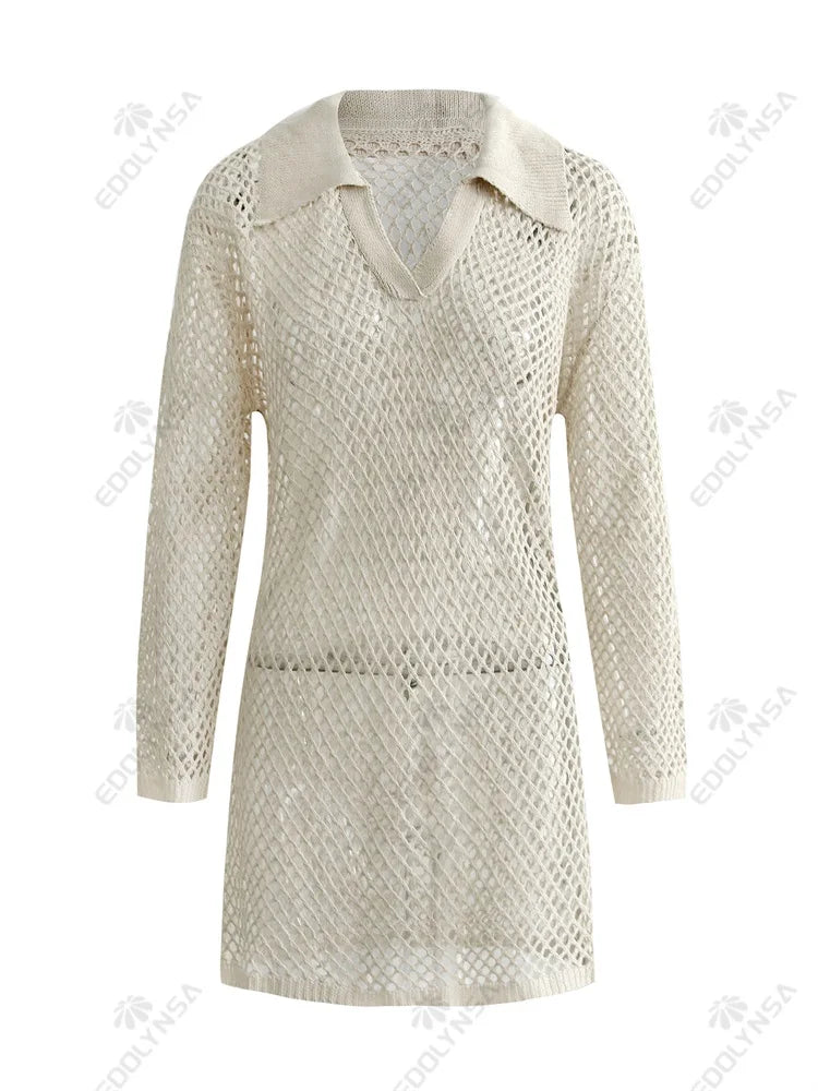 שמלת מיני חוף רשת בעיצוב צווארון פולו - Indie