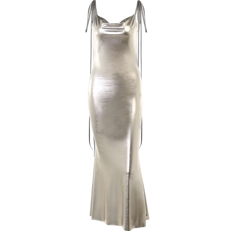 שמלת מקסי בגוון ברונזה מטאלי בעיצוב קשירה בכתפיות גב פתוח - ננסי