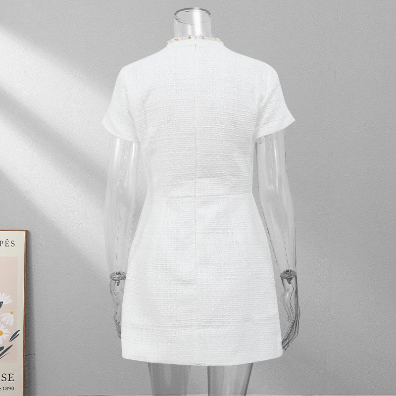 שמלת מיני אלגנטית שרוול קצר/ארוך סגנון מחויט בד ארוג בעיטור נצנצים ופנינים - Lucia