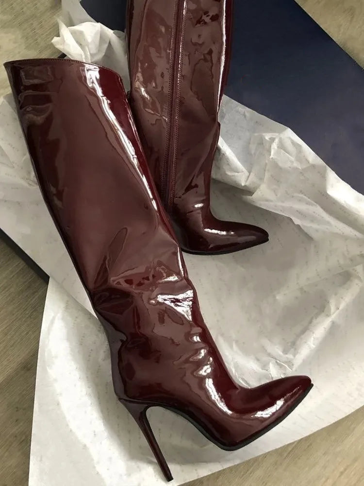 High-heeled pointed-toe boots in shiny leather design - Sloane