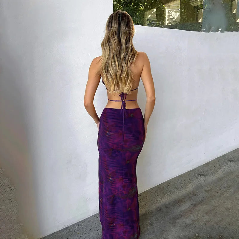 שמלת מקסי רשת קיצית קשירה בצוואר בעיטור חישוקי אבזם - אמאיה