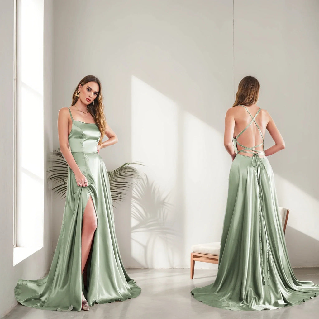 שמלת מקסי סאטן אלגנטית בעיטור שסע בגזרת A קשירה בגב - פרינס