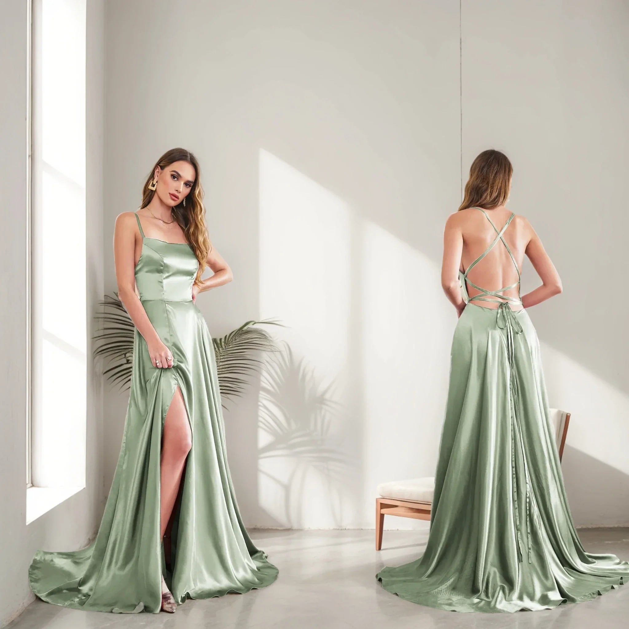 שמלת מקסי סאטן אלגנטית בעיטור שסע בגזרת A קשירה בגב - פרינס