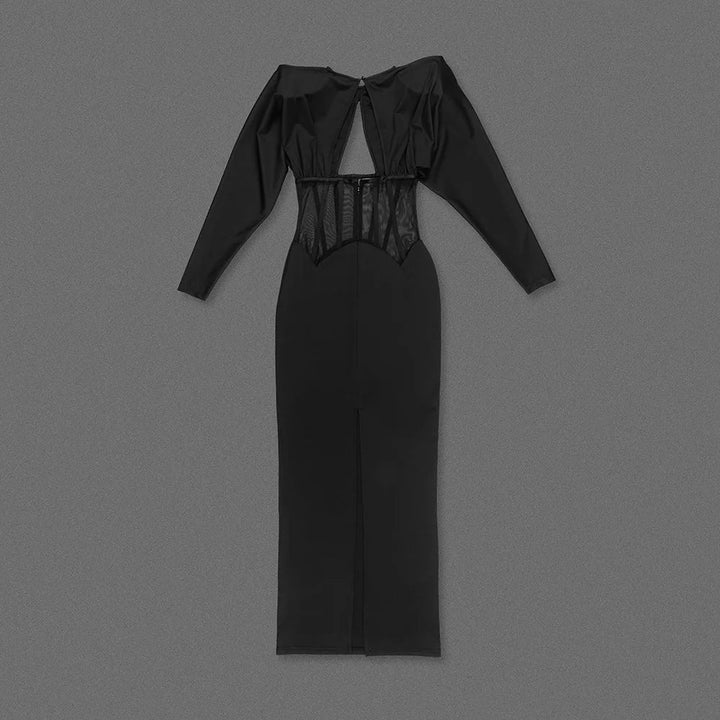 Maxi dress with a slit design and a mesh bodice with a diamond buckle - AMOR