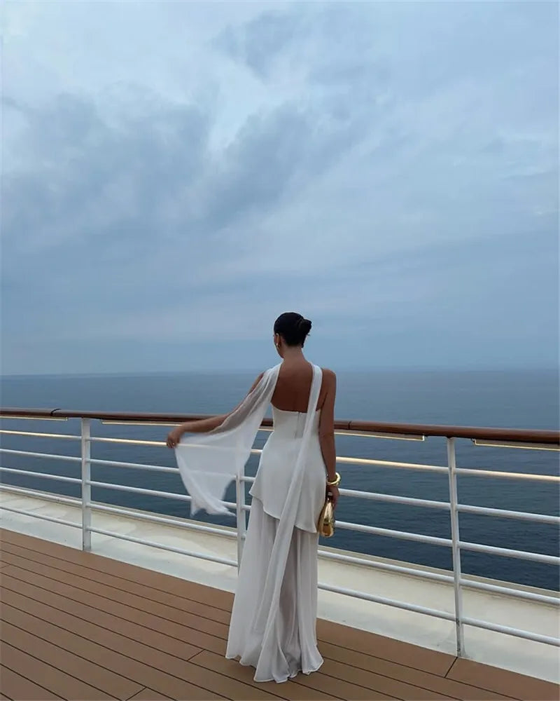 שמלת מקסי סטרפלס חלק תחתון שיפון בעיצוב שסע בעיטור צעיף תואם - Princess