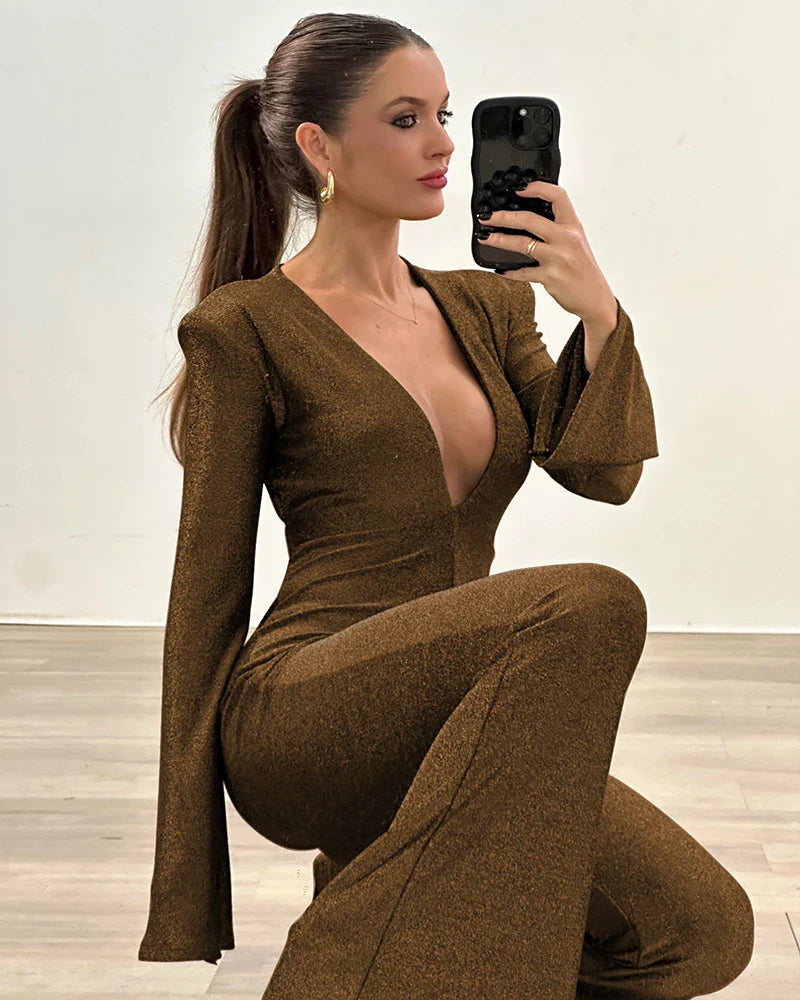 אוברול נצנצים צמוד בד מחטב מכנסי פדלפון מחשוף V - GOA