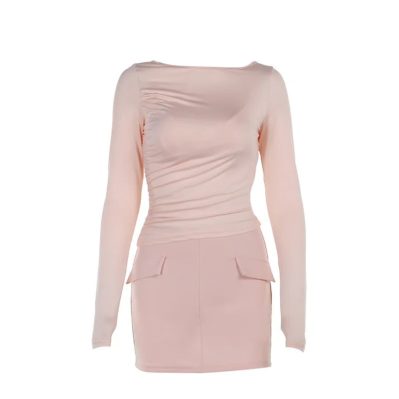 סט 3 חלקים חצאית מיני חולצה וגוזייה צמוד בעיטור כיסים - פרל